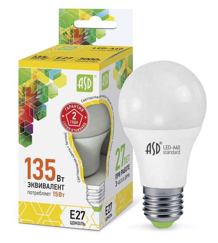 Лампа светодиодная LED-A60-standard 15Вт грушевидная 3000К тепл. бел. E27 1350лм 160-260В ASD 4690612002088