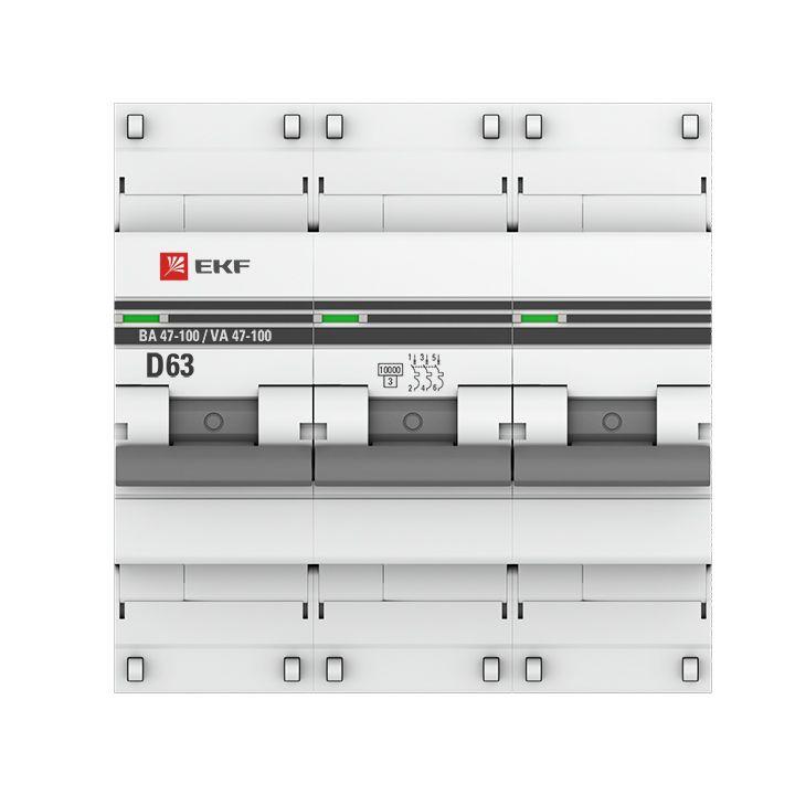 Автоматический выключатель EKF 3п D 63А 10кА ВА 47-100 PROxima  mcb47100-3-63D-pro