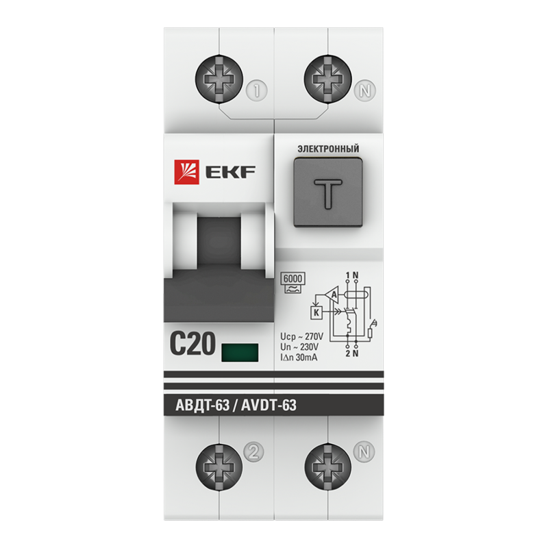 Выключатель автоматический дифференциального тока C 20А 30мА тип A 6кА АВДТ-63 (электрон.) PROxima EKF DA63-20-30e