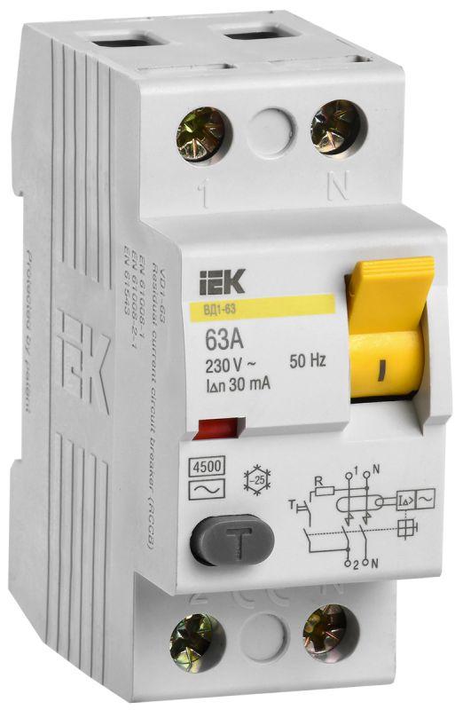 Выключатель дифференциального тока (УЗО) 2п 63А 30мА тип AC ВД1-63 IEK MDV10-2-063-030